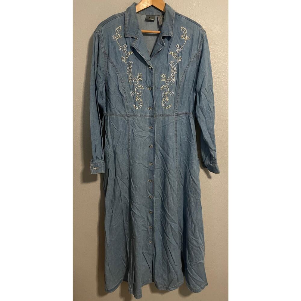 VTG Lizwear Dress Womens 14 Blue Denim Floral Embroidered Maxi Pockets Boho